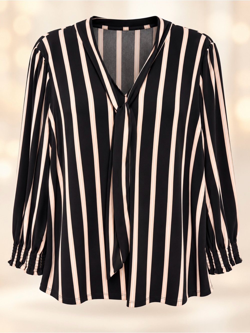 NWT Adrianna Papell Bow Tie Neck Striped Blouse Black Champagne L